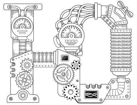 Vector coloring book for adults. Steampunk Cyrillic letter. Mechanical alphabet Stock Illustration