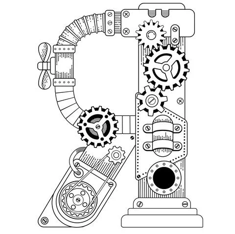 Vector coloring book for adults. Steampunk Cyrillic letter. Mechanical alphabet Stock Illustration
