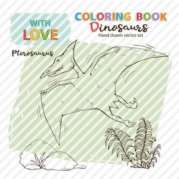 Vector Coloring book Pterosaur with plant and stone.Jurassic Wildlife.Wild Stock Illustration