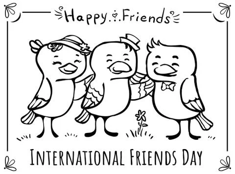 Vector coloring greeting card Three birds  happy friend Stock Illustration