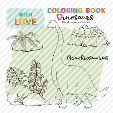 Vector coloring page antistress Brachiosaurus and dinosaur eggs with plant Stock Illustration