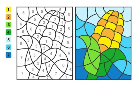 Vector coloring page Color by numbers corn. Puzzle game for children education Stock Illustration
