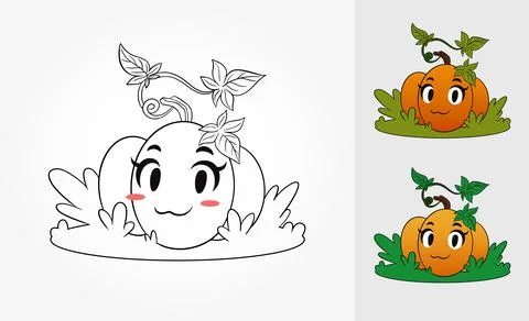 Vector coloring page with funny pumpkin standing on grass. Coloring scheme Stock-Illustration
