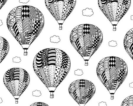 Vector coloring page of many flying balloons with the clouds Stock Illustration