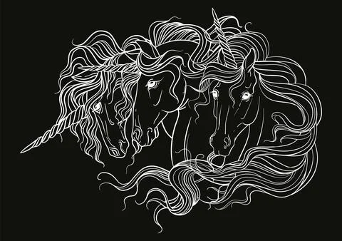 Vector coloring three heads of unicorns white on black Stock Illustration
