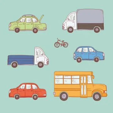 Vector coloured set of sketch illustration vintage trucks and cars. Yellow Stock Illustration