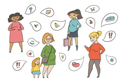 Vector coloured sketch illustration set of pregnant women. Stock Illustration