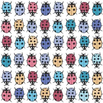 Vector colourful ladybugs on white seamless pattern print background. Stock Illustration