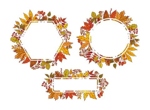 Vector colourful outline background sketch autumn leaves, cones, dried flowers Stock Illustration