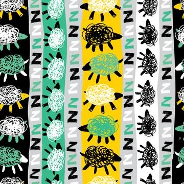 Vector colourful sheep zzz counting stripes cute doodles seamless pattern. .. Stock Illustration