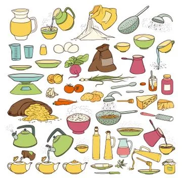 Vector colourful sketch collection set of food products, beverages Stock Illustration
