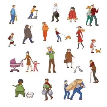 Vector colourful sketch set of illustrations walking urban residents. Children Stock Illustration