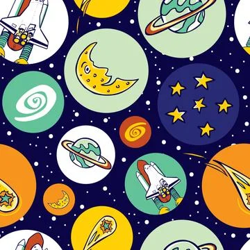 Vector colourful space shuttle blast off elements in circles repeat pattern.  Stock Illustration