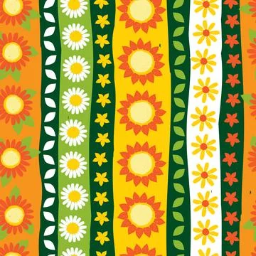 Vector colourful vertical column sunflowers pen sketch repeat pattern with st Stock Illustration