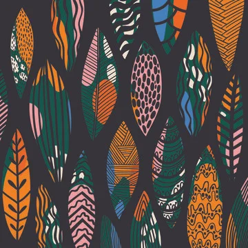 Vector of colourfully patterned leaf shapes tribal design on black background Stock Illustration