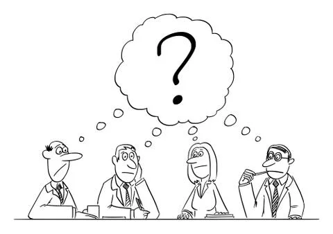 Vector Comic Cartoon of Business Team Meeting and Brainstorm. Team is Thinking Stock Illustration
