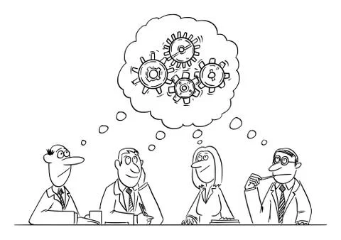 Vector Comic Cartoon of Business Team Meeting and Brainstorm. Team is Thinking Illustrazione stock