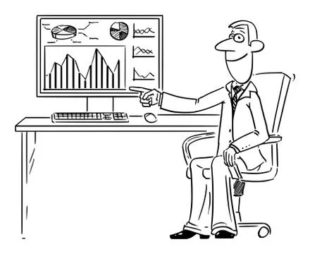 Vector Comic Cartoon of Man or Businessman Working on Computer and Pointing at 库存插图