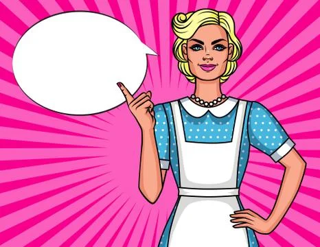 Vector comic pop art style illustration of pretty cute housewife pointing fin Stock Illustration