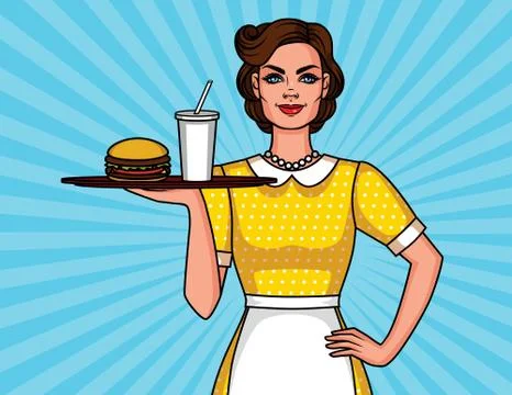Vector comic pop art style illustration of a pretty cute waitress with a meal Stock Illustration