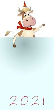 Vector comical bull dressed as Santa Claus with scroll Stock Illustration