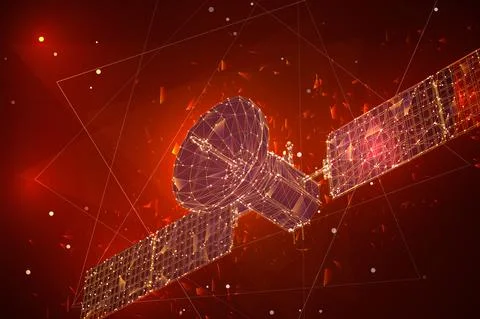 Vector communication satellite made of polygons in red colors on an abstract Illustrazione stock