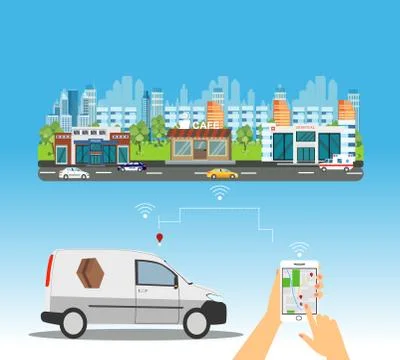 Vector of a company van delivering a box and a man tracking an order on smart Stock Illustration