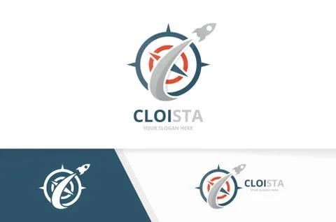 Vector compass and rocket logo combination. Navigation and airplane symbol or Illustrazione stock
