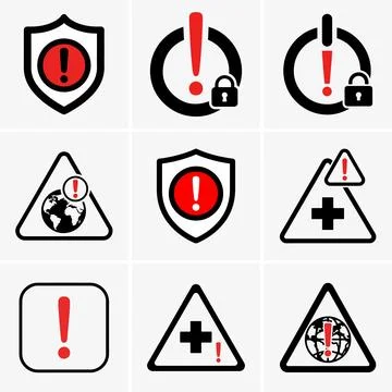 Vector compilation presenting nine caution icons incorporating alarm symbols Stockillustratie