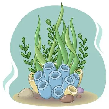 Vector composition of blue and yellow sea corals, stones and green seaweeds Stock Illustration