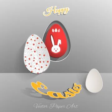 Vector composition of Easter eggs cut from paper with pattern, yellow text .. Stock Illustration