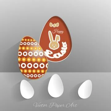 Vector composition of Easter eggs cut from paper with brown and yellow patt.. Stock Illustration