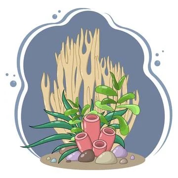 Vector composition of large yellow and red corals, green seaweeds and stones Stock Illustration