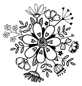 Vector composition of mandala of cartoon contour flowers Stock Illustration