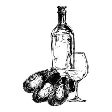 Vector composition with mussels, wine bottle and glass Illustrazione stock