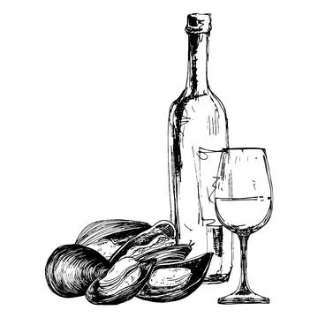 Vector composition with mussels, wine bottle and glass Stock Illustration