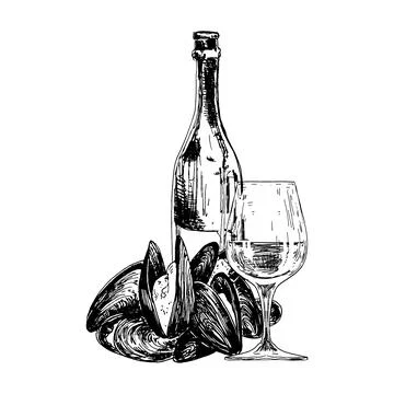 Vector composition with mussels, wine bottle and glass Stock Illustration