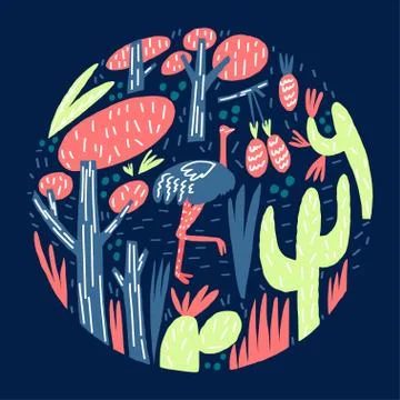 Vector composition with ostrich tree cactus leaves and fruits. Print element Stock Illustration