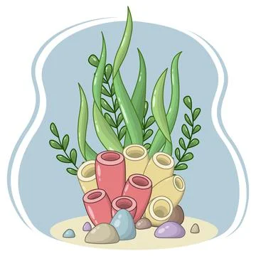 Vector composition of red and yellow corals, colorful stones Stock Illustration