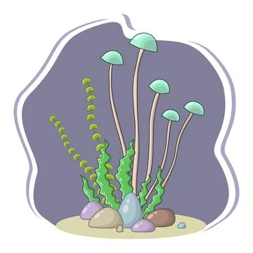 Vector composition of sea mushrooms, algae and multicolored stones Stock Illustration
