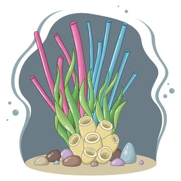 Vector composition of tubular algae, yellow corals, green sea foliage Stock Illustration