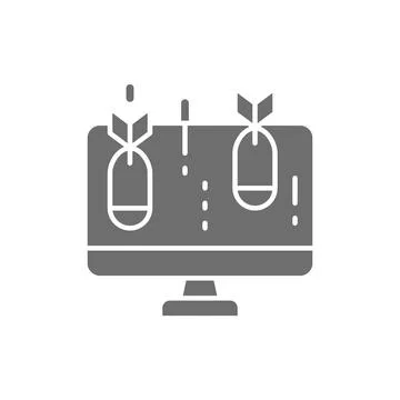 Vector computer with bomb, virus grey icon. Illustrazione stock