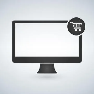 Vector Computer Display Buy Online Icon Ecommerce Concept with shopping cart. Illustrazione stock