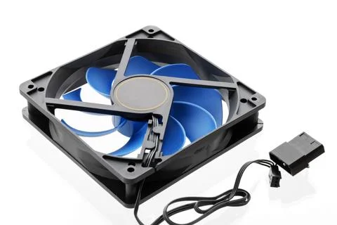 Vector computer fan 12 volt. Computer cooler with blue blades. 스톡 사진