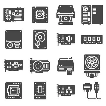 Vector Computer Hardware Icons. PC Components set Stock Illustration