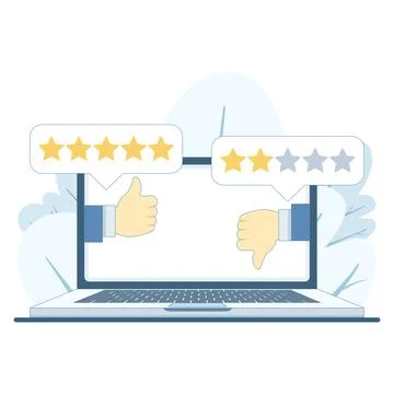 Vector of computer laptop with online review, thumbs up gesture, rating stars. Stockillustratie