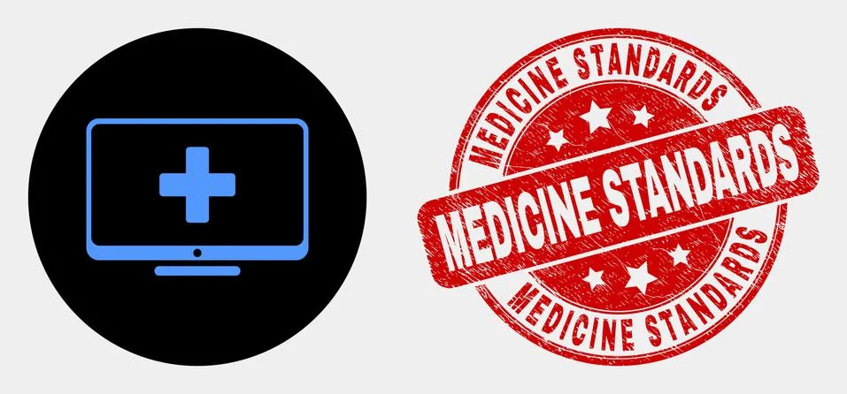Vector Computer Medicine Icon and Distress Medicine Standards Stamp Seal Stock Illustration