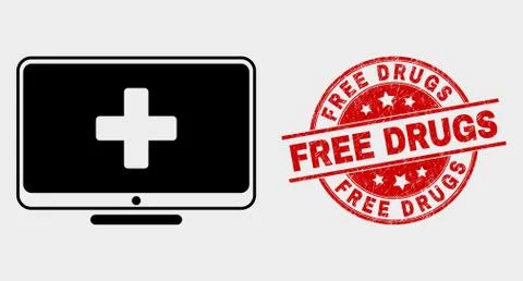 Vector Computer Medicine Icon and Scratched Free Drugs Seal Stock Illustration