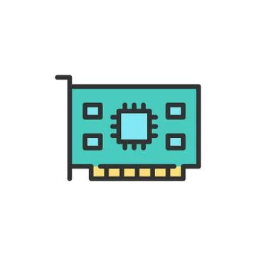 Vector computer video card flat color line icon. Stock Illustration
