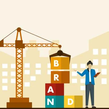 Vector concept box brand building with construction machine. Ilustración de archivo